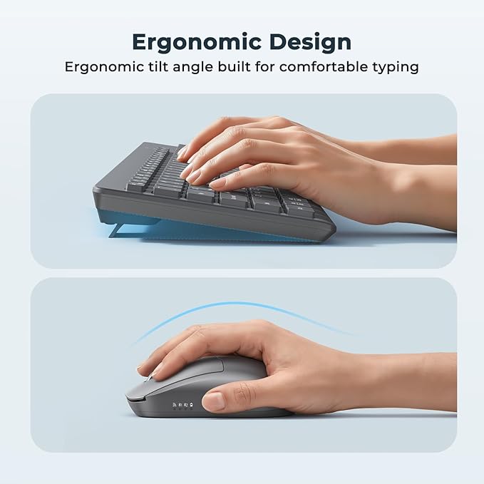 MEETION Wireless Keyboard and Mouse, Silent Bluetooth Keyboard Mouse Set, 2.4G/Bluetooth Full-Sized Computer Keyboard, Gray