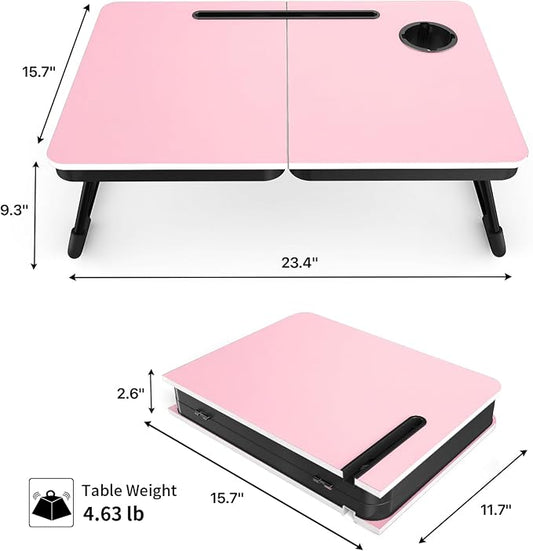 BUYIFY Foldable Laptop Bed Desk for Couch, Sofa - Large Lap Desk Tray Table with Cup Holder and Tablet Slot - Portable Notebook Stand for Eating, Writing, Studying and WFH (Pink)-USA Original Patent