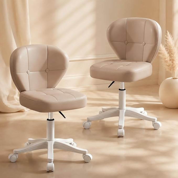 Small Office Chair with Lumbar Support, PU Leather Armless Swivel Desk Chair Adjustable Height, Compact Rolling Chair for Home Office, Bedroom, Study （Khaki Set of 2）