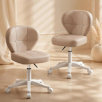 Small Office Chair with Lumbar Support, PU Leather Armless Swivel Desk Chair Adjustable Height, Compact Rolling Chair for Home Office, Bedroom, Study （Khaki Set of 2）