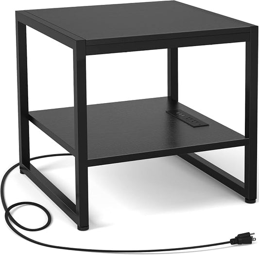 Homieasy End Table with Charging Station, 20" Mini Fridge Stand with Power Outlets, Heavy Duty Side Table for Living Room, Small Table Stand & Fridge Table, Black