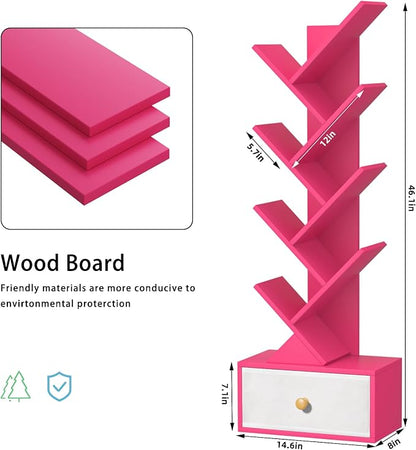 SHEEPAM 8 Tier Tree Bookshelf with Drawer, Free Standing Wood Bookcase for Narrow Space, Storage Organizer Bookshelves for Books, Book Case for Home Office, Living Room, Bedroom - Pink