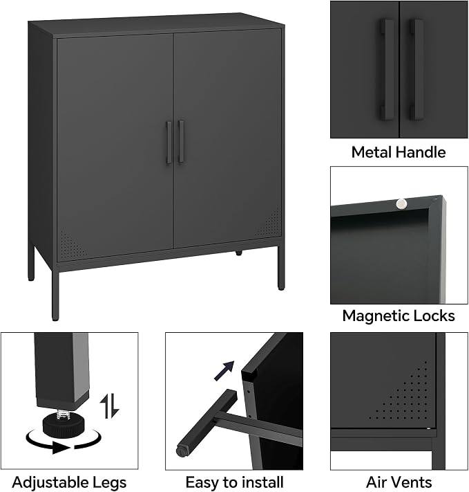 Steehoom Metal Storage Cabinet with Adjustable Shelves, Steel Buffet Sideboard for Entryway, Garage, Dining Room, Kitchen, Office, Bar (Black, 31.5" D x 15.75" W x 35.43" H)