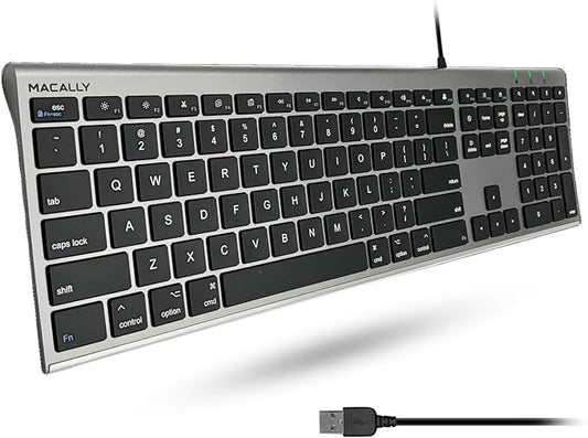 Macally Ultra-Slim USB Wired Computer Keyboard - Works Great as Both a Windows or Wired Mac Keyboard - Compatible Full Size Apple Keyboard with Numeric Keypad for Mac mini, iMac, MacBook - Space Gray