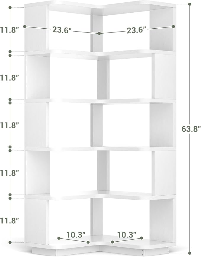 Armocity Corner Book Shelf - 6-Shelf Corner Bookshelf Etagere Bookcase with Baffle, Freestanding L Shaped Display Shelf Stand for Home Office, Living Room, Bedroom, Kitchen, White