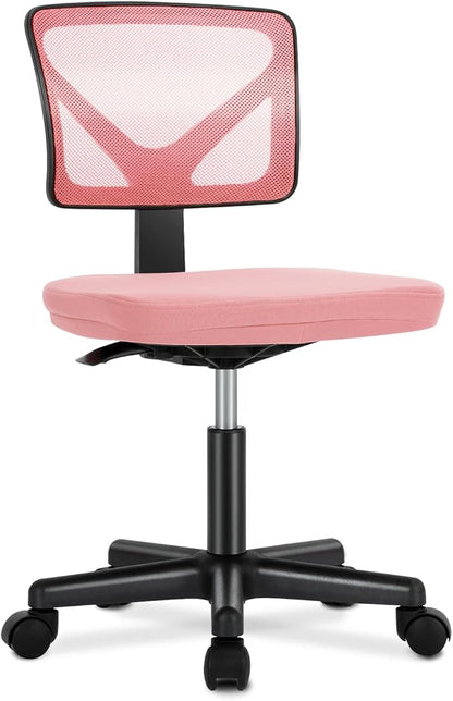 OLIXIS Armless Office Chair, Ergonomic Desk Chair with Wheels, Mesh Back, Removable Washable Foam Cushion, Height Adjustable Rolling Swivel Chairs for Small Space, Home, Office, Pink