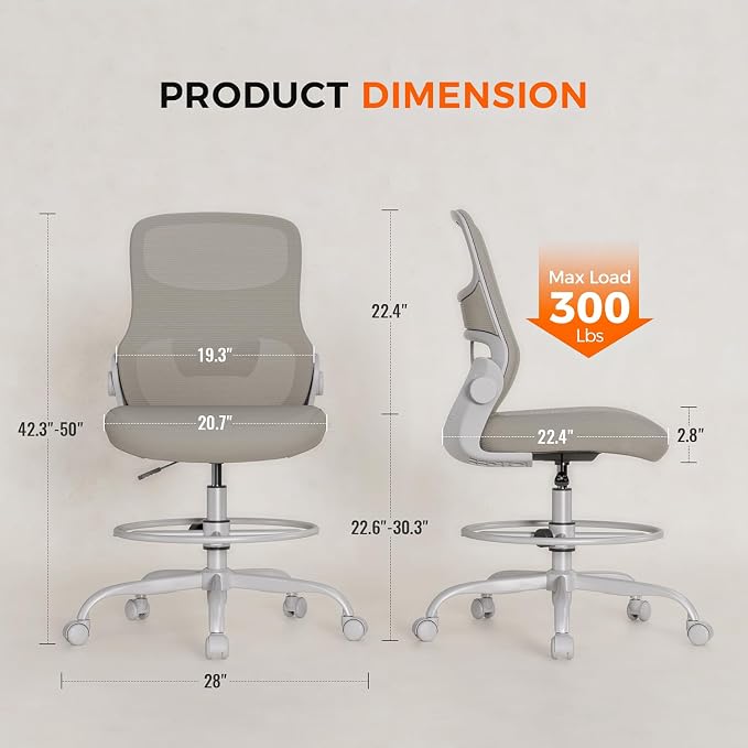 Drafting Chair Armless, Tall Office Chair with Adjustable Foot Ring and Lumbar Support, Ergonomic Mesh High Desk Chair for Standing Desk, Apricot