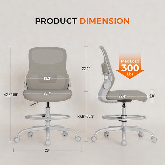 Drafting Chair Armless, Tall Office Chair with Adjustable Foot Ring and Lumbar Support, Ergonomic Mesh High Desk Chair for Standing Desk, Apricot