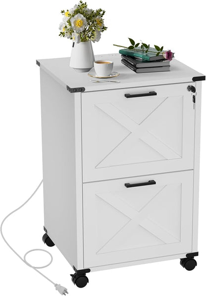 Onelike Small Wood File Cabinet with Lock, Nightstand with Charging Station, 2 Drawer Under Desk Lateral Filing Cabinets for Home Office, Printer Stand with Storage, White