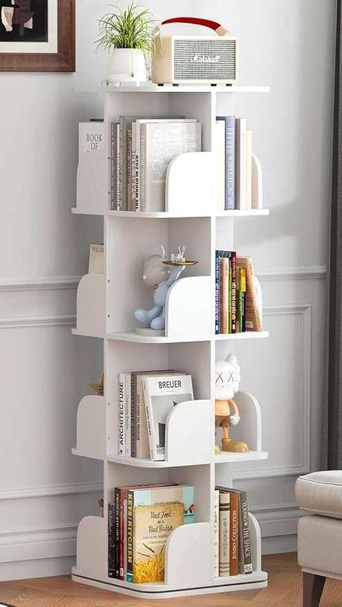 Turosur Rotating Bookshelf Tower, 4 Tier Spinning Square Bookshelf for Small Spaces, 360 Display Kids Bookshelves, Revolving Bookcase Floor Standing Storage Rack, White