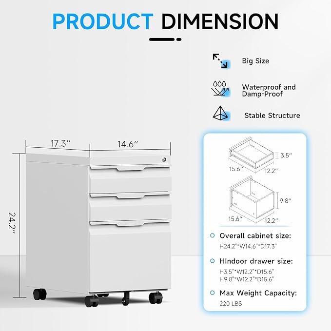 3 Drawer Mobile File Cabinet with Lock, Metal Filing Cabinet, Under Desk Rolling Small Filing Cabinet with Wheels for Home Office Storage, Fits Legal/A4/Letter/Document Size, Required Assembly, White