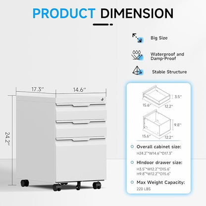 3 Drawer Mobile File Cabinet with Lock, Metal Filing Cabinet, Under Desk Rolling Small Filing Cabinet with Wheels for Home Office Storage, Fits Legal/A4/Letter/Document Size, Required Assembly, White