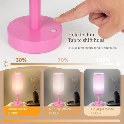 LALISU Small Table Lamp Nightstand Lamp Linen Lampshade Bedroom Wood Base Small Bedside Lamp for Night Stands, Desk Lamps for Reading Living Room, Office (LED Bulb Included) (Pink)
