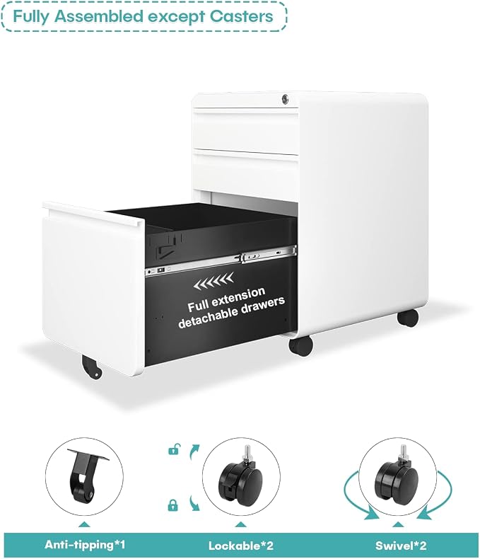 Dripex 3 Drawer White File Cabinet, Mobile Under Desk Storage File Cabinet with Lock on Wheels, Letter/Legal Size,Fully Assembled, Small Short Vertical Metal Rolling Filing Cabinets for Home Office