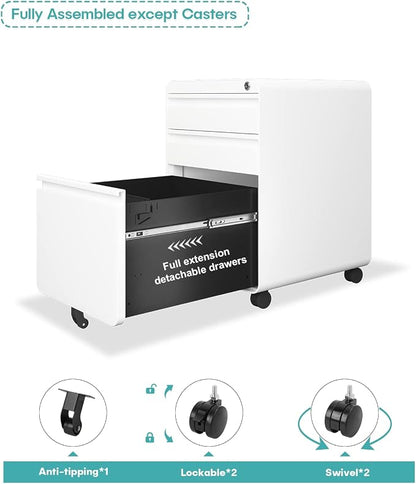Dripex 3 Drawer White File Cabinet, Mobile Under Desk Storage File Cabinet with Lock on Wheels, Letter/Legal Size,Fully Assembled, Small Short Vertical Metal Rolling Filing Cabinets for Home Office