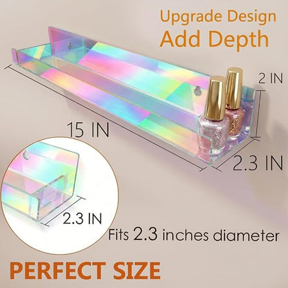 4 Pack 15 Inch Iridescent Acrylic Shelves, Clear Rainbow Floating Shelves for Wall, Modern Sunglasses Essential Oil Picture Ledge Display Toy Storage Wall Shelf