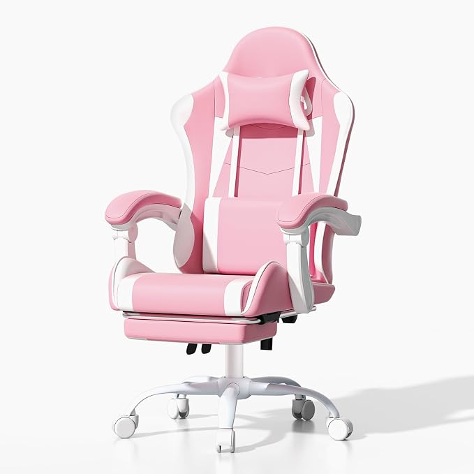Athena Collection Gaming Chair, Ergonomic Gaming Chair with Footrest & Headrest Lumbar Support, Height Adjustable Swivel Computer Chair Office Chair for Adults (Pink)