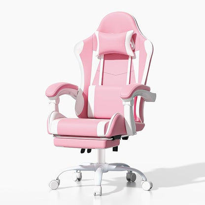 Athena Collection Gaming Chair, Ergonomic Gaming Chair with Footrest & Headrest Lumbar Support, Height Adjustable Swivel Computer Chair Office Chair for Adults (Pink)