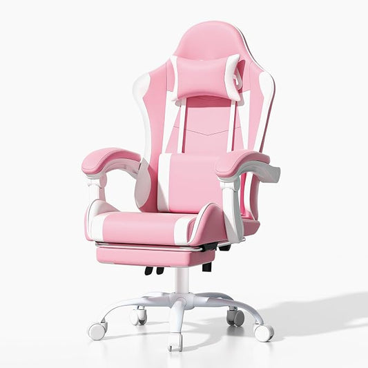 Athena Collection Gaming Chair, Ergonomic Gaming Chair with Footrest & Headrest Lumbar Support, Height Adjustable Swivel Computer Chair Office Chair for Adults (Pink)