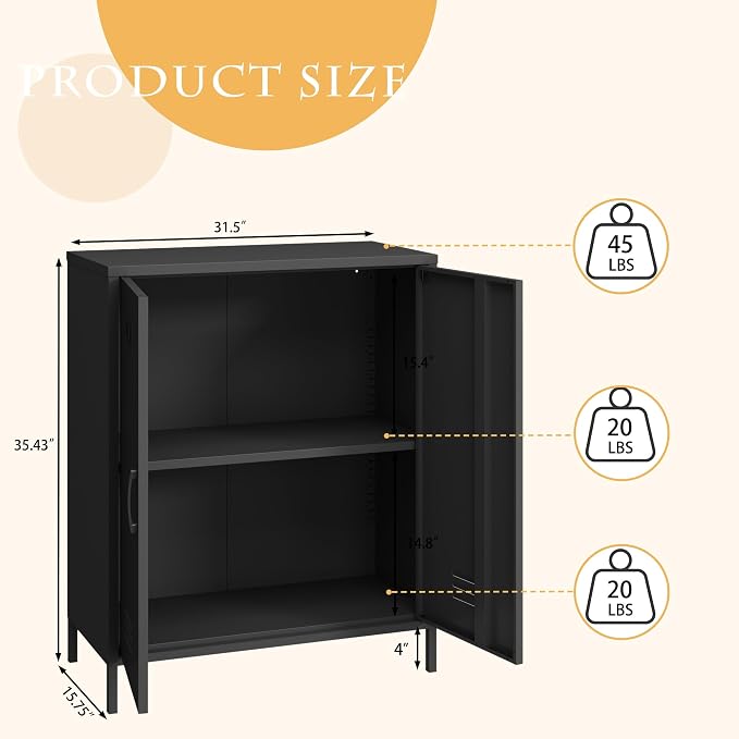 Steehoom Metal Cabinet with 2 Door, All Steel Small Locker Sideboard Buffet Storage Cabinet Console Table for Garage, Office (Black, H35.43'')