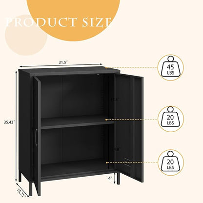 Steehoom Metal Cabinet with 2 Door, All Steel Small Locker Sideboard Buffet Storage Cabinet Console Table for Garage, Office (Black, H35.43'')