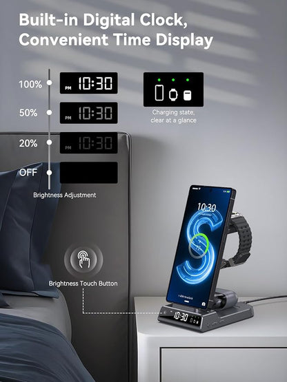 Wireless Charger for Samsung Charging Station with Clock for Samsung Galaxy S25 Ultra/S24/Z Flip 7/Z Fold 6/Bud, 3 in 1 Android Charging Station, Watch Charger for Samsung Galaxy Watch 8/7/6/5 (Grey)
