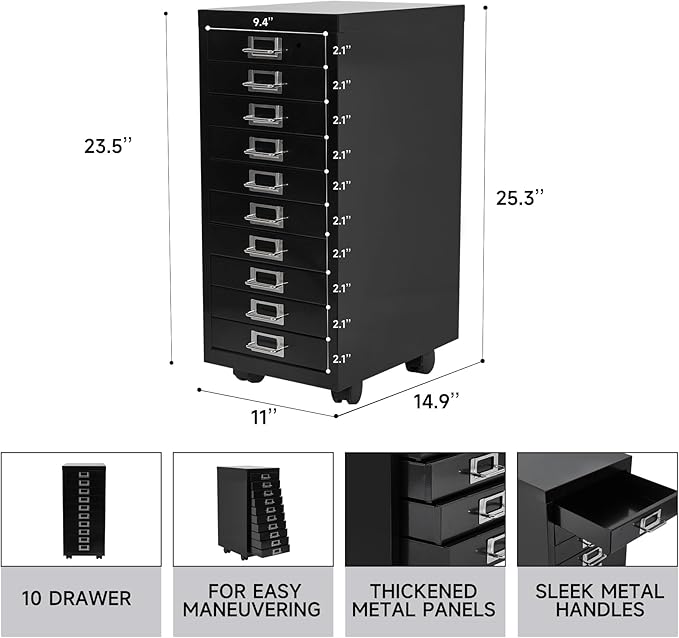 File Cabinet Mini 10 Tier Metal File Organizer Document Organizer with Wheel, Black Color, for Home Office, Office Desk File