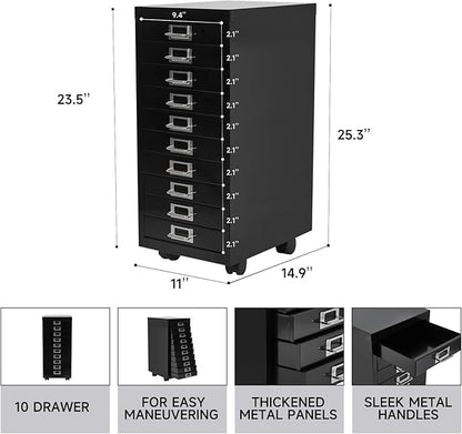 File Cabinet Mini 10 Tier Metal File Organizer Document Organizer with Wheel, Black Color, for Home Office, Office Desk File