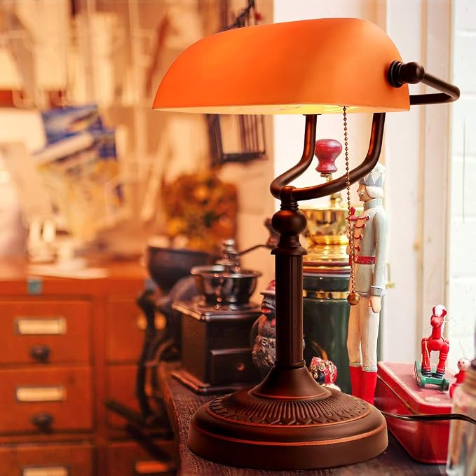 Matted Orange Glass Bankers Desk Lamp with Pull Chain Switch Plug in Fixture | Pull Chain Switch Plug in Fixture