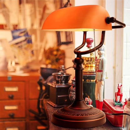 Matted Orange Glass Bankers Desk Lamp with Pull Chain Switch Plug in Fixture | Pull Chain Switch Plug in Fixture