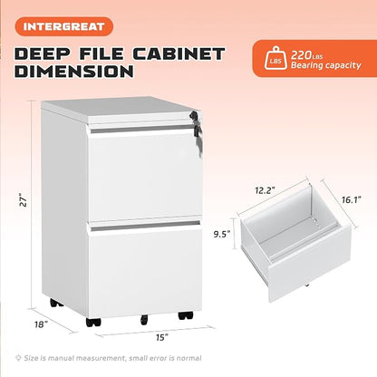 INTERGREAT Mobile File Cabinet with Lock,Under Desk Metal Filing Cabinet for Home Office, White 2 Drawer File Cabinets with Wheels for Legal/Letter/A4 File