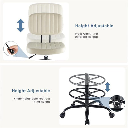 DUMOS Armless Drafting Chair, Low Back Office Seat with Adjustable Footrest Ring for Standing Desk, Ergonomic PU Leather Office Seating, Swivel Rolling High Stool for Studio, Lab, Counter, Beige