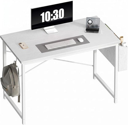 OLIXIS Computer Desk, 44 Inch Home Office Desks for Small Spaces, Writing Craft Study Gaming Table for Bedroom, Modern Computer Workstation with Storage Bag and Headphone Hook, White