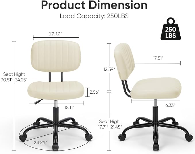 DUMOS Armless Home Office Chair: Small Desk Chair with Low Back Lumbar Support, Height Adjustable PU Leather Computer Task with 360° Swivel Wheels, for Adults, Beige