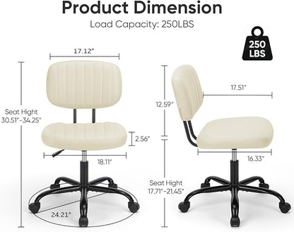 DUMOS Armless Home Office Chair: Small Desk Chair with Low Back Lumbar Support, Height Adjustable PU Leather Computer Task with 360° Swivel Wheels, for Adults, Beige