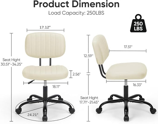 DUMOS Armless Home Office Chair: Small Desk Chair with Low Back Lumbar Support, Height Adjustable PU Leather Computer Task with 360° Swivel Wheels, for Adults, Beige