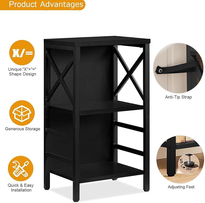 MNEETRUNG Small Bookshelf,3 Tier Industrial Bookcase with Metal Frame and Backboard,Low Black Book Shelf,Book case for Small Spaces,Living Room,Bedroom and Home Office
