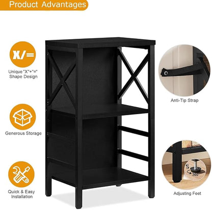 MNEETRUNG Small Bookshelf,3 Tier Industrial Bookcase with Metal Frame and Backboard,Low Black Book Shelf,Book case for Small Spaces,Living Room,Bedroom and Home Office