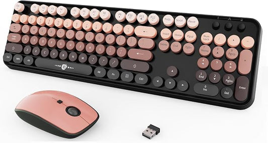 Wireless Keyboard and Mouse Combo for Long Nails, Black Pink Aesthetic Bubble Keyboard with Round Keys, Cute Typewriter Style Full Size Keyboard with Number Pad for PC Laptop Desktop