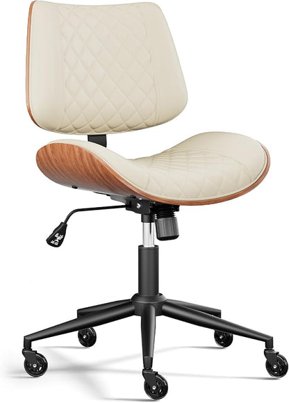 Home Office Desk Chair with Swivel Wheels, Mid-Century Modern PU Leather Armless Office Chair, Small Mid Back Computer Chair for Home Office, Meeting Room