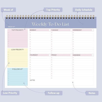 Weekly To Do List Notepad, Undated Planner with 52 Sheets (8.5''x11''), Desk Weekly Planner for Women & Man, Home School & Work (Purple)