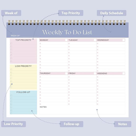 Weekly To Do List Notepad, Undated Planner with 52 Sheets (8.5''x11''), Desk Weekly Planner for Women & Man, Home School & Work (Purple)