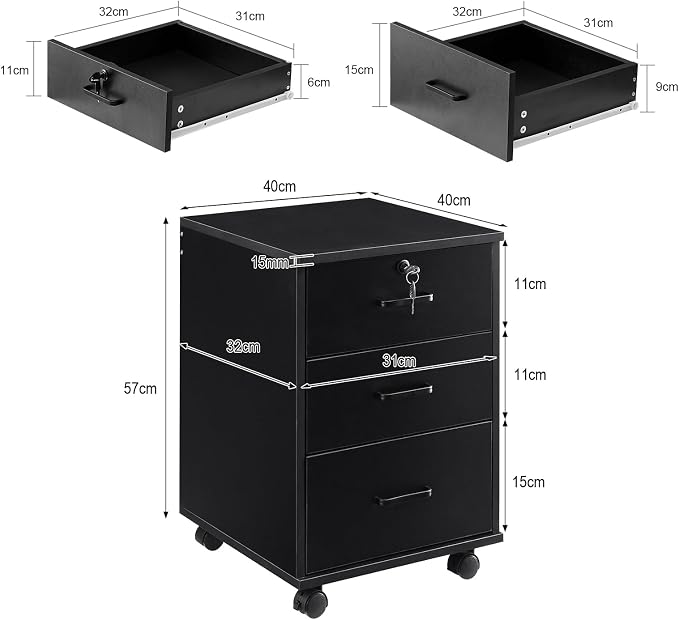 OFCASA 3 Drawer File Cabinet with Lock, Small Rolling Filing Cabinets for Home Office, Wooden Under Desk File Cabinet with Wheels, Mobile Storage Cabinet Printer Stand, for Letter/Legal/A4 Size, Black