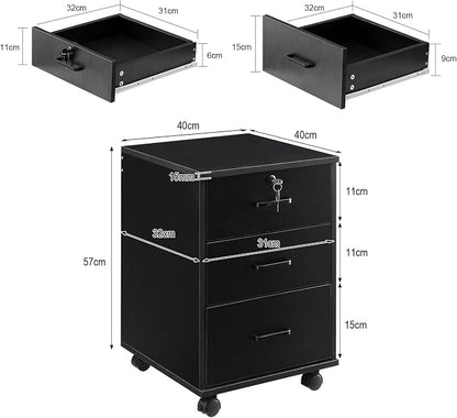 OFCASA 3 Drawer File Cabinet with Lock, Small Rolling Filing Cabinets for Home Office, Wooden Under Desk File Cabinet with Wheels, Mobile Storage Cabinet Printer Stand, for Letter/Legal/A4 Size, Black
