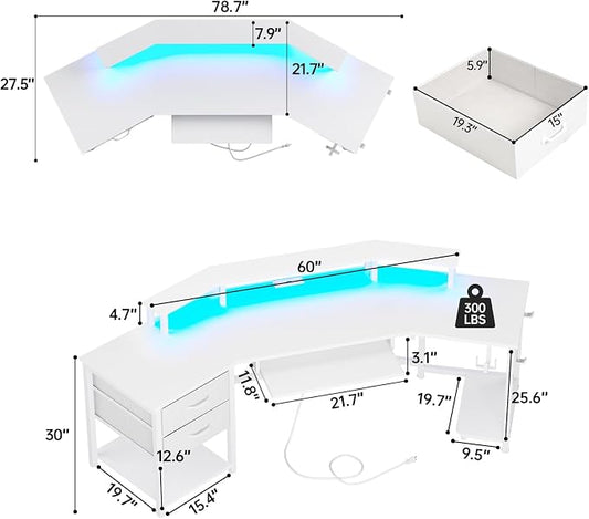 SEDETA 79" Gaming Desk, Computer Desk with 2 Fabric Drawers & LED Light, White Small Desk with Storage for Home Office, Carbon Fiber White