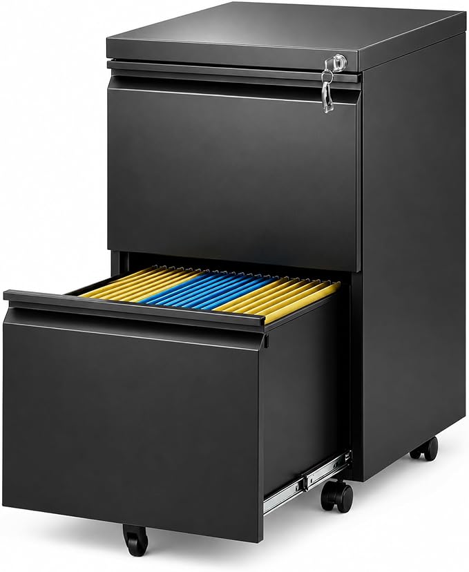 SAWJEC 2 Drawer File Cabinet with Lock, Fully Assembled Rolling Metal Filing Cabinet for Home Office, Fits Letter/Legal/A4, Black, 17" D x 15" W x 26" H