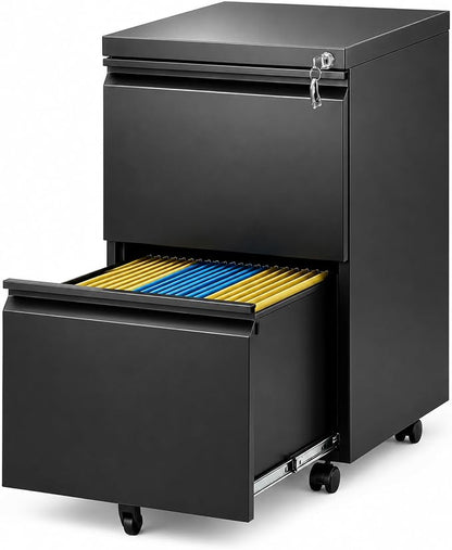SAWJEC 2 Drawer File Cabinet with Lock, Fully Assembled Rolling Metal Filing Cabinet for Home Office, Fits Letter/Legal/A4, Black, 17" D x 15" W x 26" H