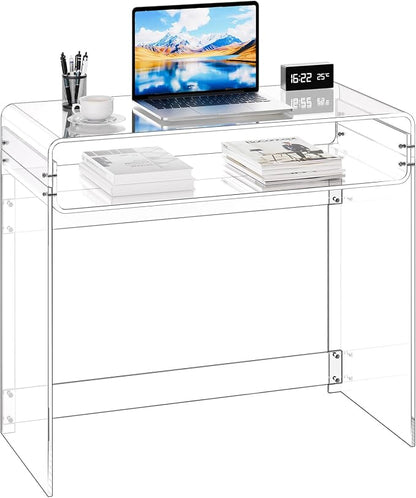 VEVOR Acrylic Desk, Clear Laptop Study Desk with Storage Shelf, Modern Transparent Console Table for Home Office, Living Room, Bedroom, Entryway, 33.5" W x 15.7" D x 29.5" H