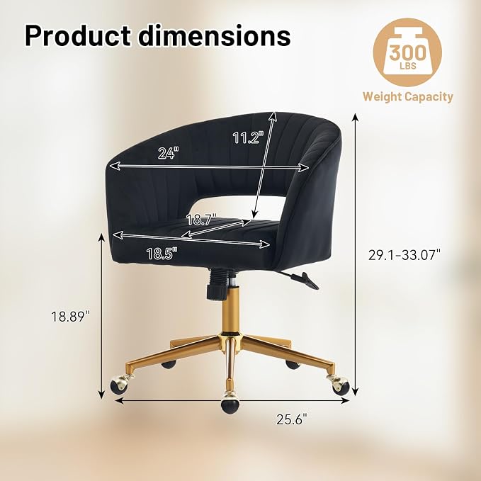 Vanity Chair with Back 360 Swivel Armchair and Gold Base, Criss Cross Chair with Wheels for Vanity Home Office, Living Room, Bedroom and Study (Black)