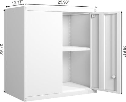 GREATMEET Metal Wall Cabinet, Wall Mounted Storage Cabinet with Lock for Garage Storage, White Floating Cabinet with Doors and Adjustable Shelf for Utility Room